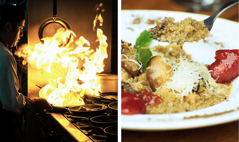 Cozinheiro flambando comida e o prato montado